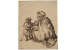 A drawing of a woman wearing a cloak kneeling next to a small child. A drawing of a woman wearing a cloak kneeling next to a small child.