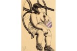 A drawing shows a woman with a bobbed haircut and bare breasts perched on an industrial wheel. A drawing shows a woman with a bobbed haircut and bare breasts perched on an industrial wheel.