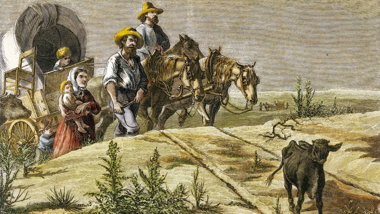 Colored engraving showing two men, a woman, three children and covered wagon
