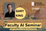 Event poster with Gary King's headshot over background of watercolor view of Harvard