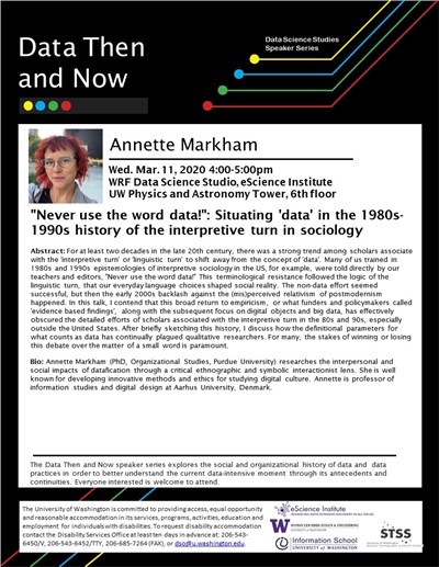 CANCELLED - "'Never use the word data!': Situating 'data' in the 1980s-1990s history of the the interpretive turn in sociology" by Annette Markham