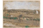 A rural landscape scene of flat farm fields with an unmanned cart in the center.