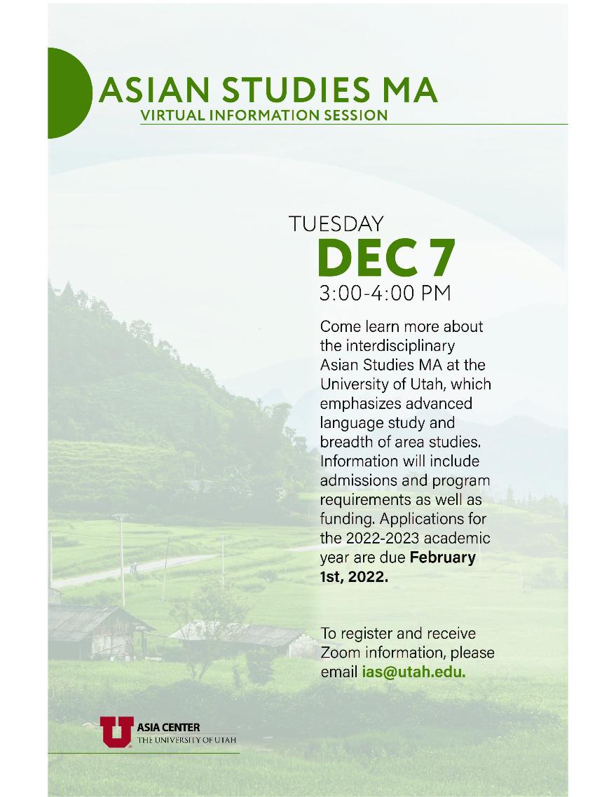 Ut Academic Calendar 2022 2023 Asian Studies Ma Virtual Information Session, Tuesday, December 7, 2021, 3  - 4Pm - Events Calendar - International Studies - College Of Humanities -  The University Of Utah