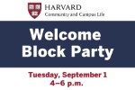 Welcome block party, indigo banner with Harvard veritas shield