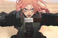 Anime film still of a character snarling as they unsheath a sword.