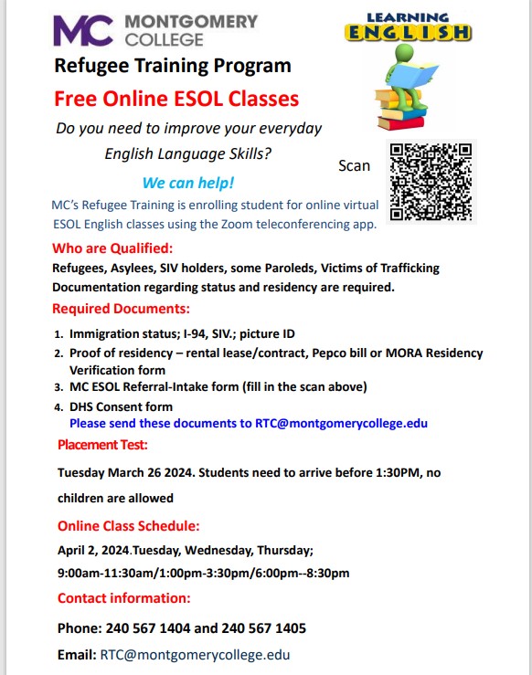 Refugee Training Program- Free Online ESOL Classes Placement Test, Tuesday, March 26, 2024, 1:30 - 2:30am - Calendar - Montgomery County, MD refugee-training-program-free-online-esol-classes-placement-test-tuesday-march-26-2024-1-30-2-30am-calendar-montgomery-county-md