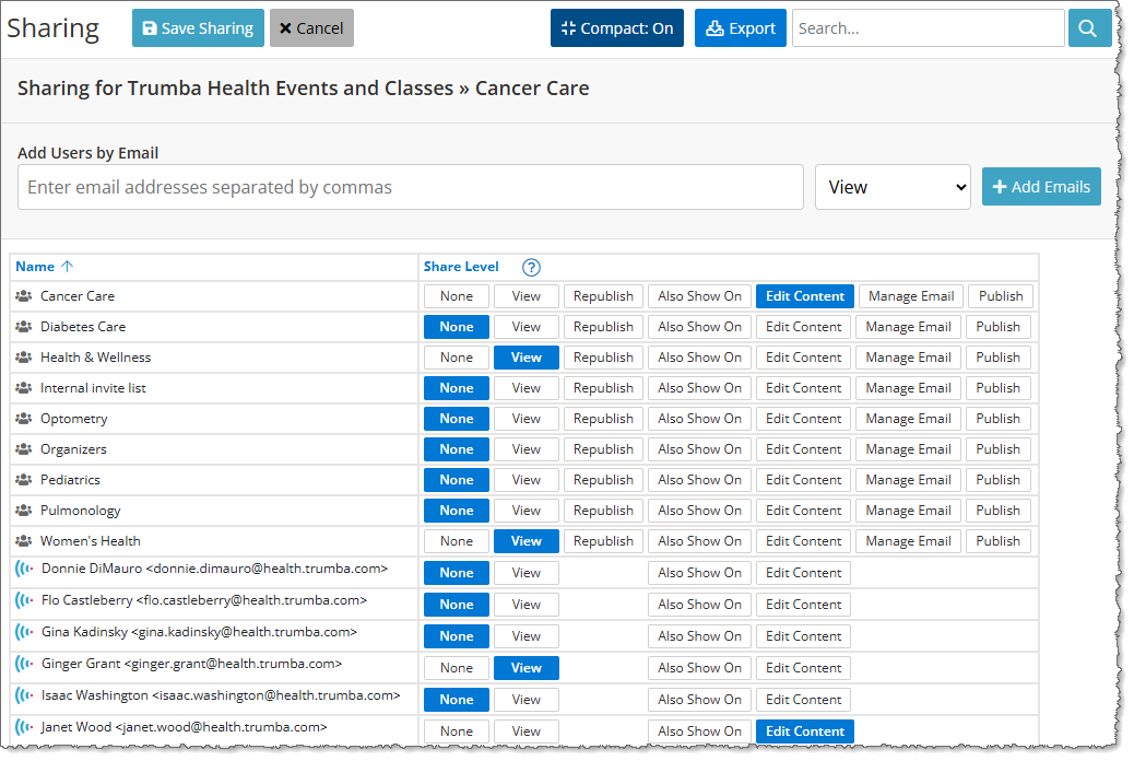 Sharing calendar permission levels