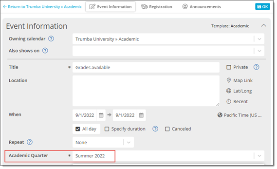 Academic calendar custom field application example