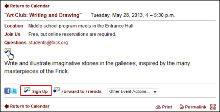 Event detail view, Sign Up replaces Add To My Calendar