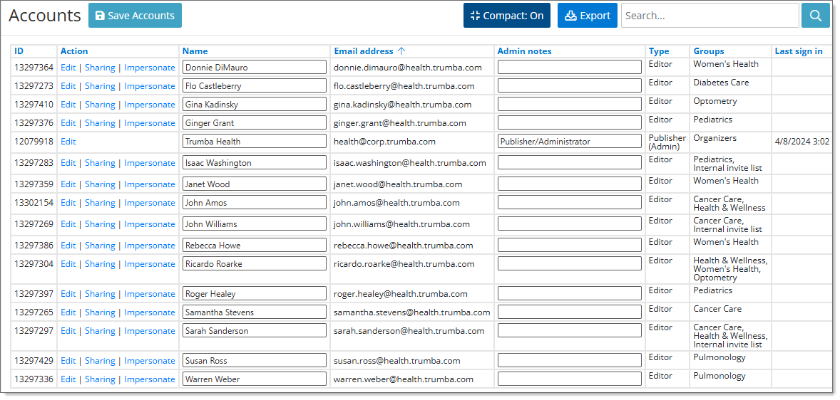 Screenshot showing the Accounts page.