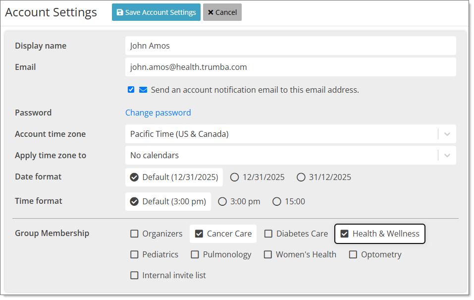 Screenshot showing the Account Settings page.