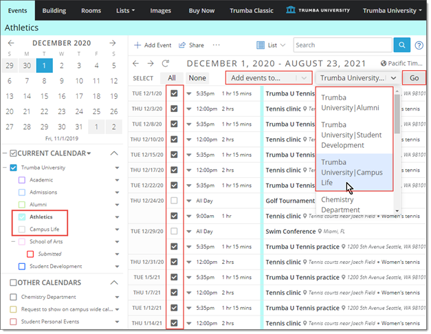 Also showing multiple events on another calendar