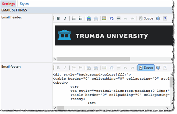 Editing email view header and footer