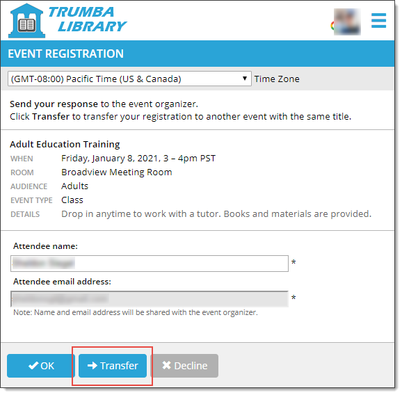 Event registration form with Transfer button