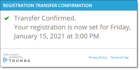 Event registration transfer confirmation