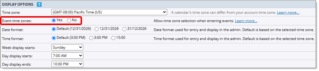 Enable time zones for events