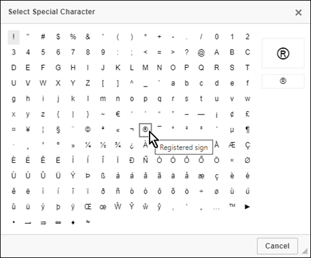 Select Special Character window