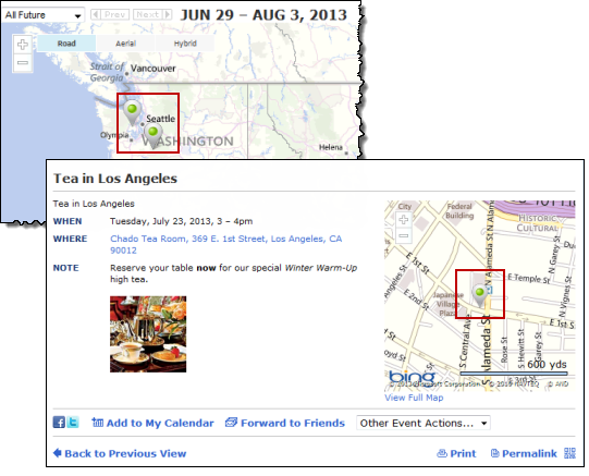 Map and event detail views with custom pushpins