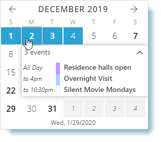 Select a range of dates in the mini calendar to adjust calendar view