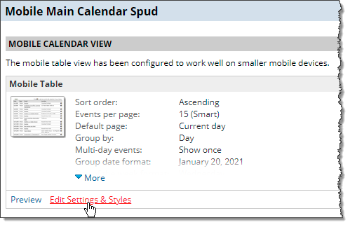 Mobile Table spud edit settings link