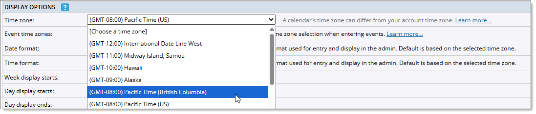 British Columbia calendar time zone example