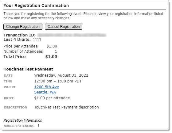 Email confirmation message for paid registration