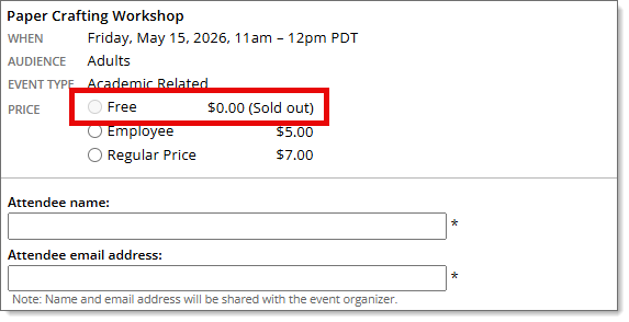 Registration form with pricing level limit reached