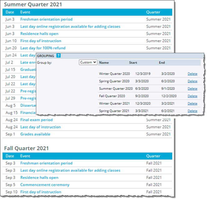 Custom group settings reflected in a calendar