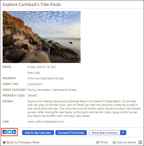 Social media icons in an event detail view
