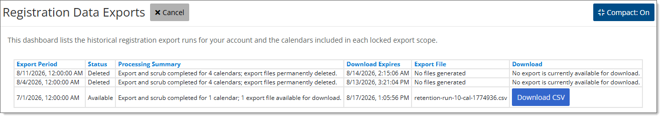 Registration Data Exports page