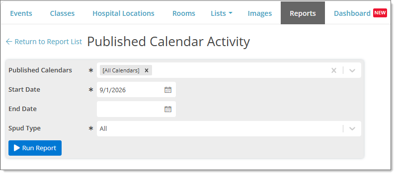 Published Calendar Activity report