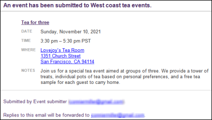 Submitted event notification email