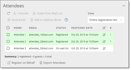 Event Registration attendees table