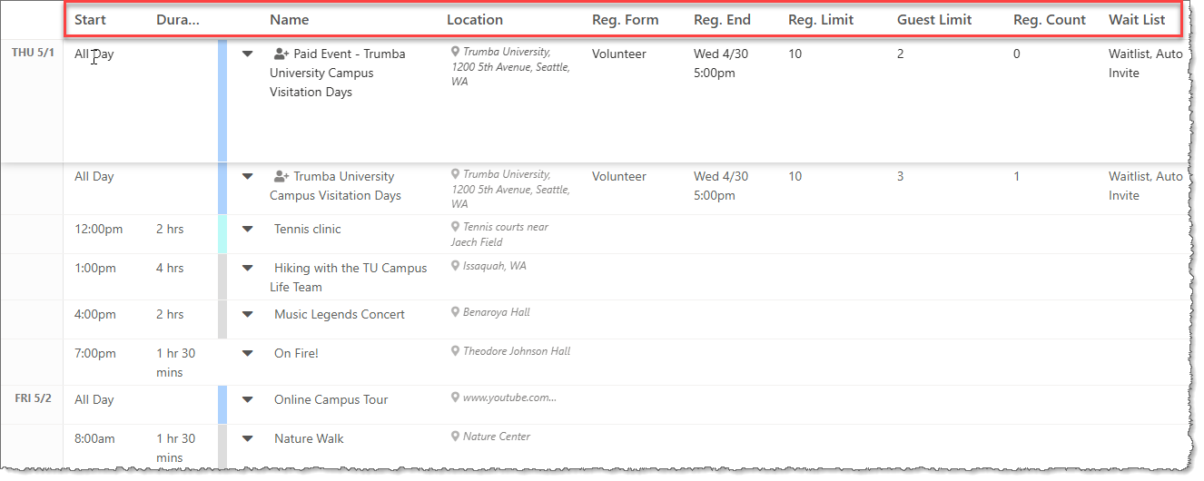 Registration calendar view