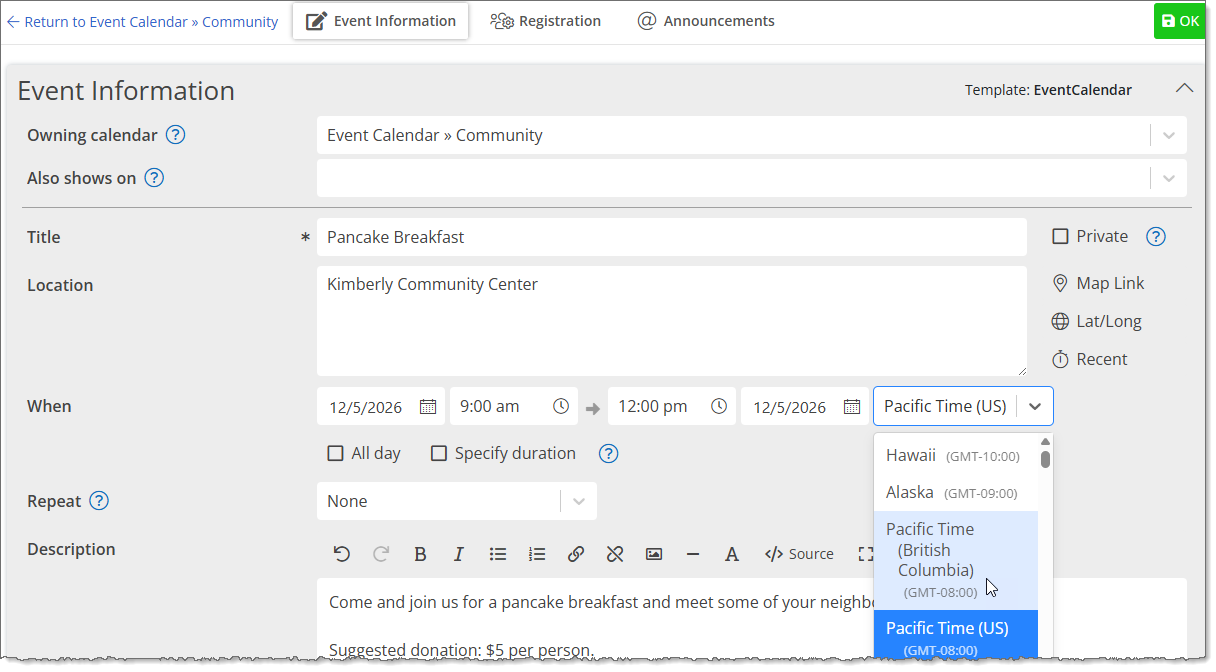 British Columbia event time zone example