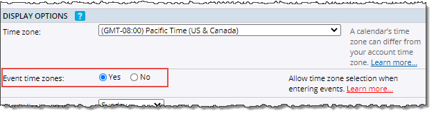 Event time zones calendar setting