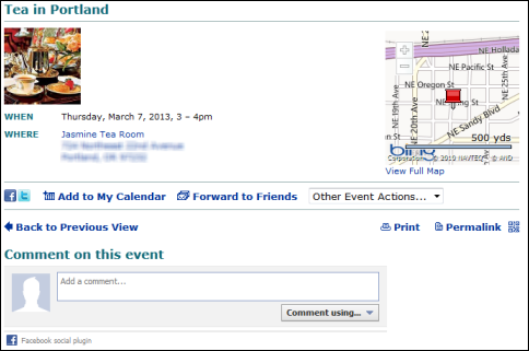 Event detail with event actions and Facebook comments enabled
