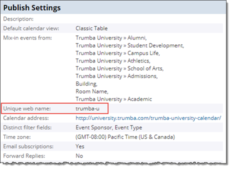 Calendar's web name in Publish Settings